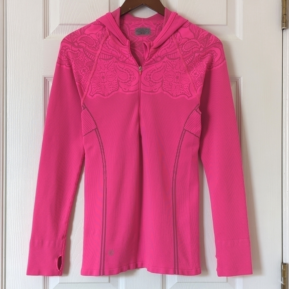 Athleta Paisley Jacquard Knit Form Fitting Quarter Zip Hooded Top Hot Pink M